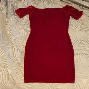 Dark red velvet off the shoulder dress.